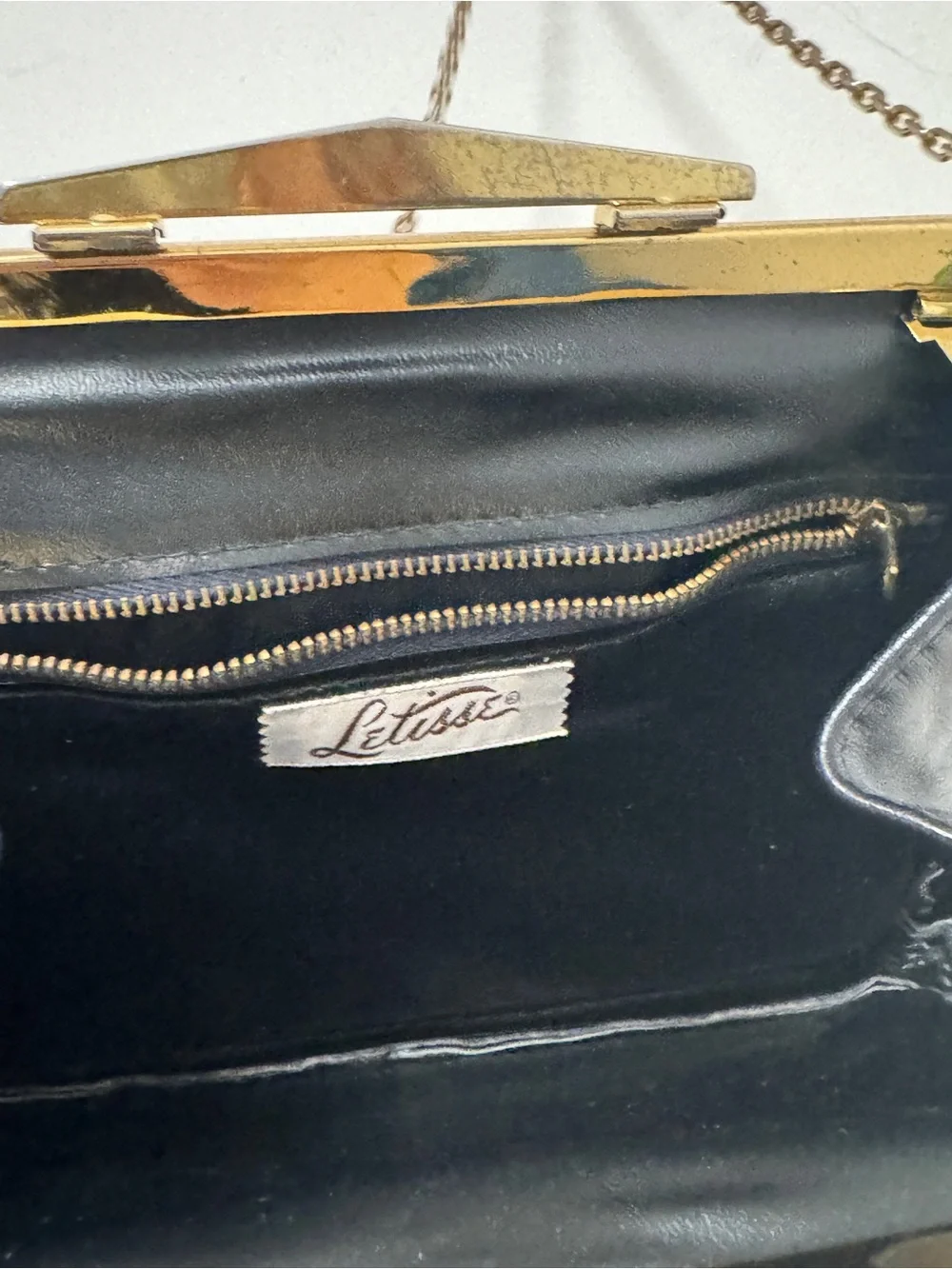Letrice Vintage Black Leather Frame Clutch Shoulder Bag Gold Tone‎ Chain Purse